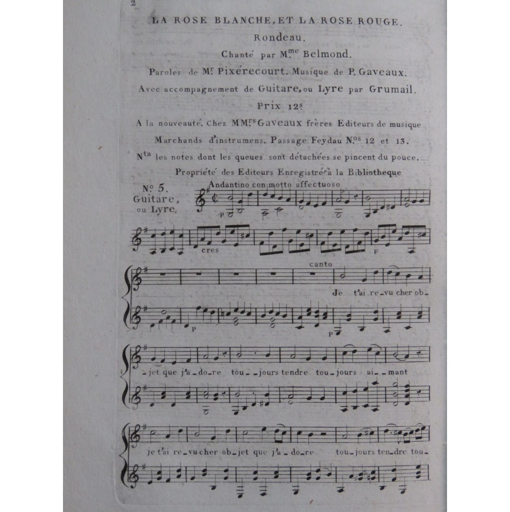 GAVEAUX Pierre La Rose Blanche et la Rose Rouge No 5 Chant Guitare ou Lyre ca1810