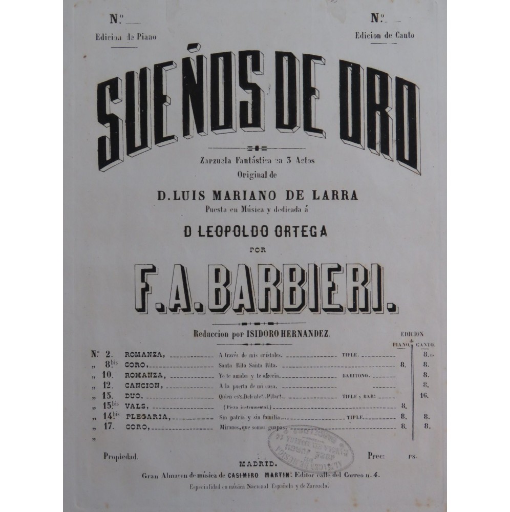 BARBIERI F. A. Suenos de Oro Zarzuela No 15 bis Piano ca1870