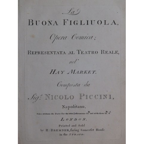 PICCINNI Niccolo La Buona Figliuala Opéra Chant Orchestre ca1770