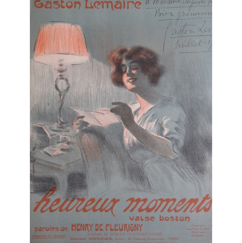 LEMAIRE Gaston Heureux Moments Dédicace Chant Piano 1913