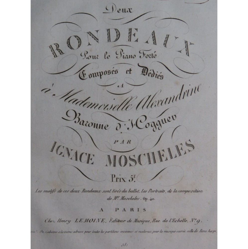 MOSCHELES Ignace Deux Rondeaux Piano ca1821