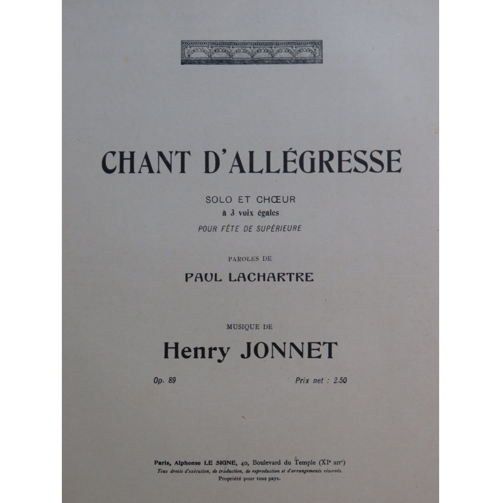 JONNET Henry Chant d'Allégresse op 89 Chant Piano