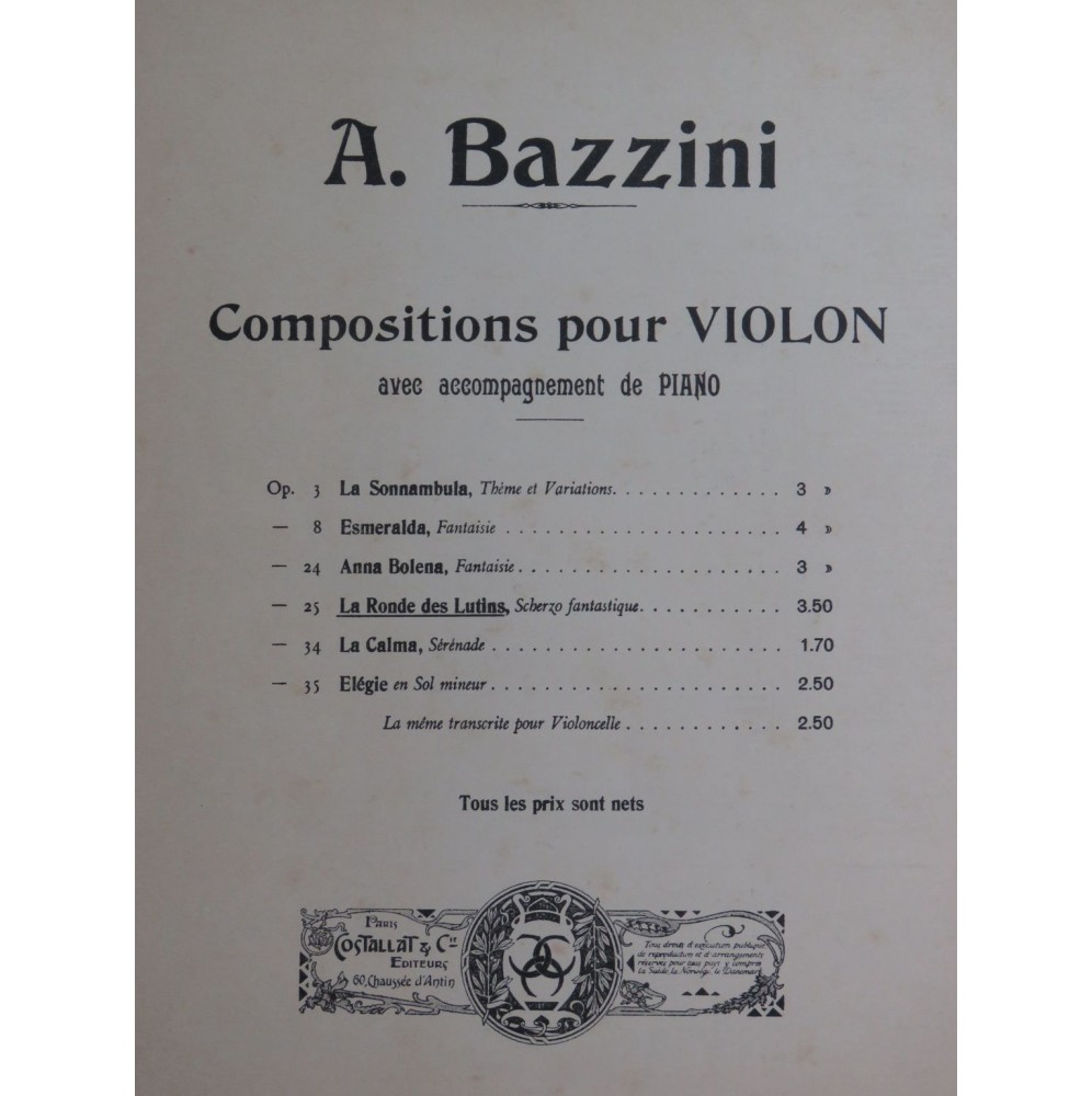 BAZZINI Antonio La Ronde des Lutins Violon Piano XIXe siècle