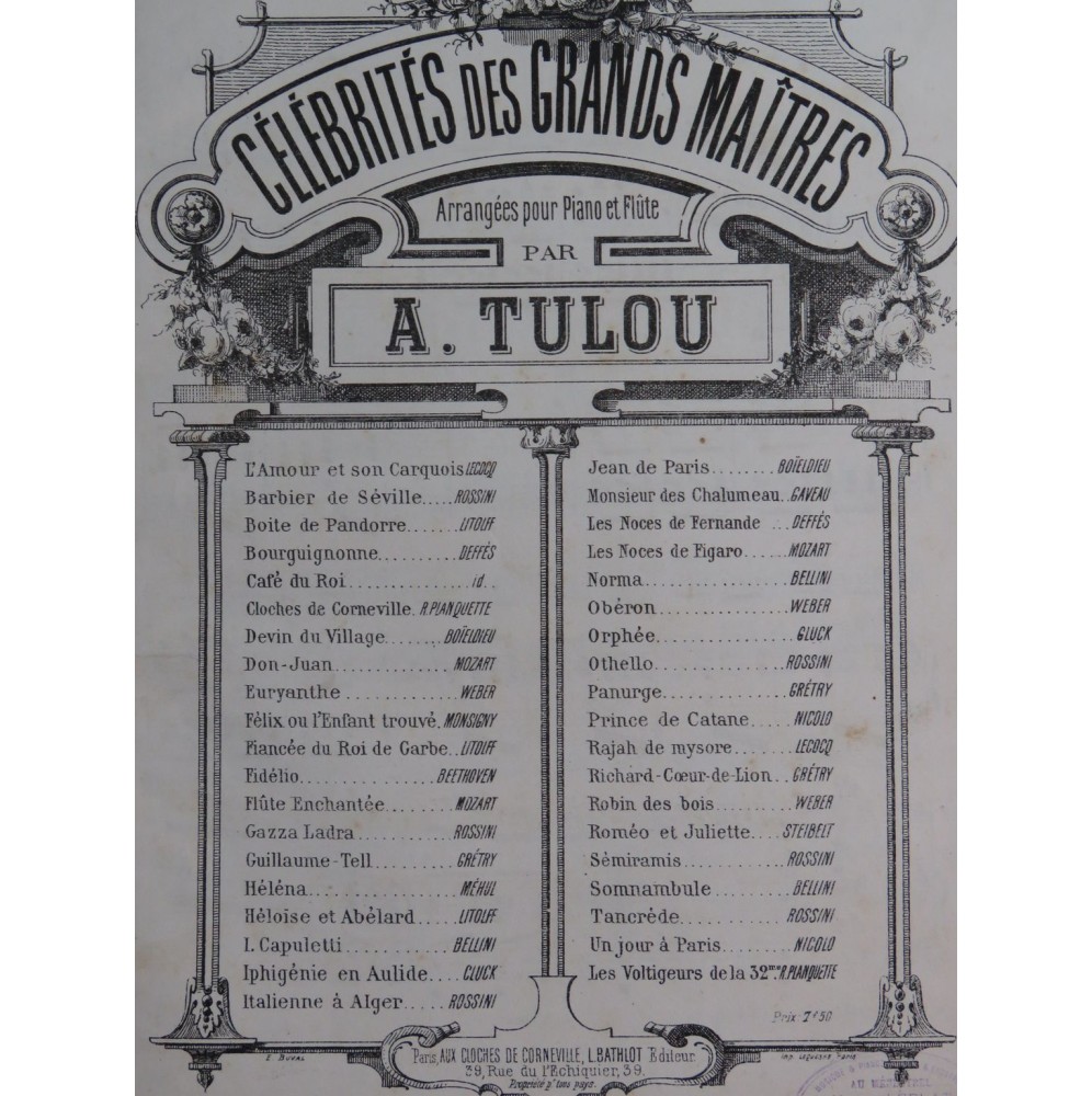 TULOU A. Fantaisie sur Le Barbier de Séville Piano Flûte ca1880