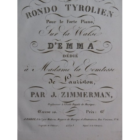 ZIMMERMAN Joseph Rondo Tyrolien op 10 Piano ca1820