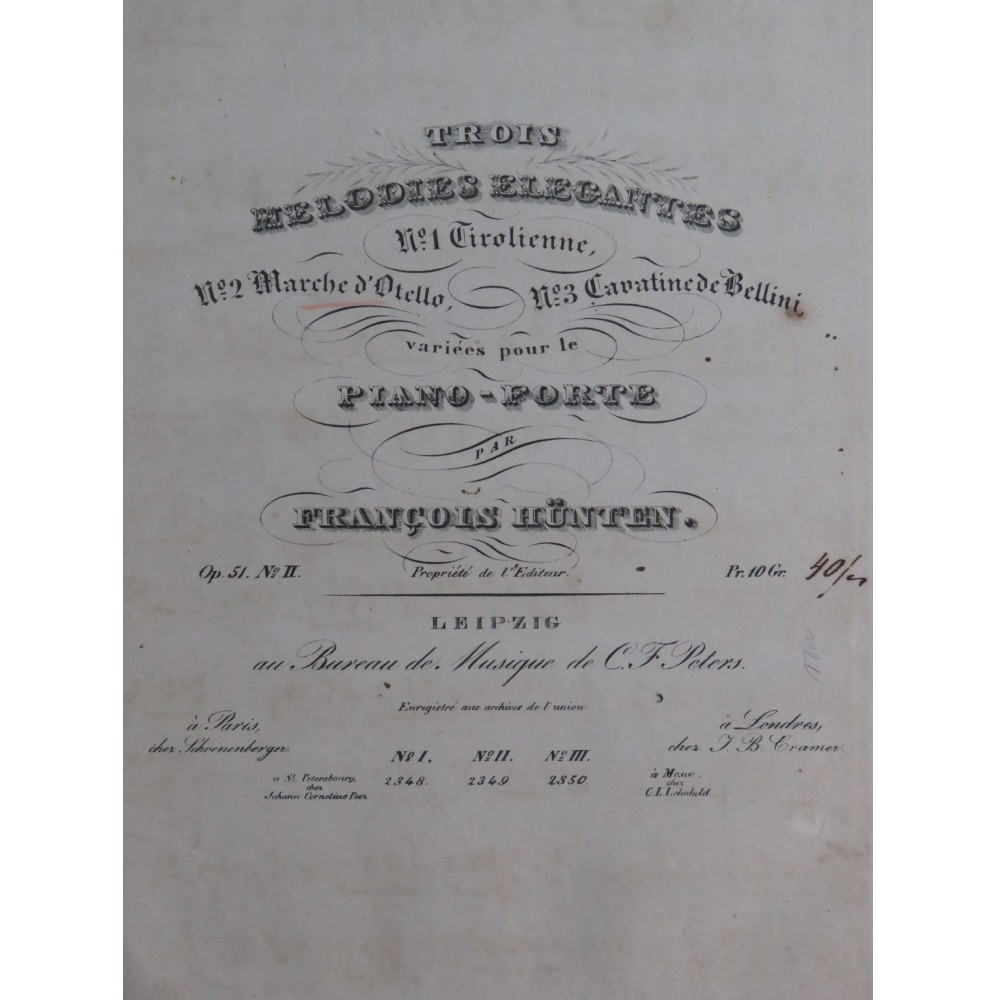 HÜNTEN François Marche d'Otello op 51 No 2 Piano ca1833
