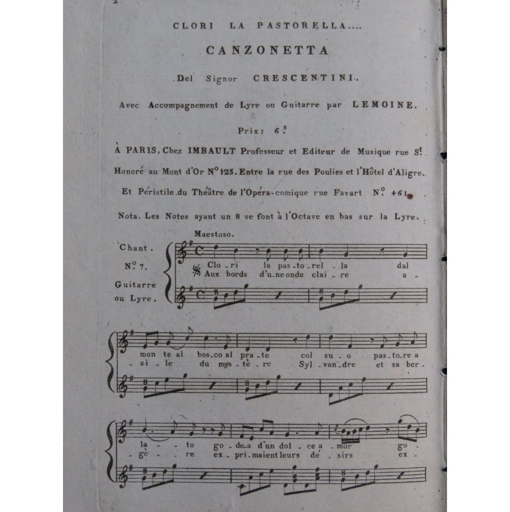 CRESCENTINI Clori la Pastorella Canzonetta Chant Guitare ca1810