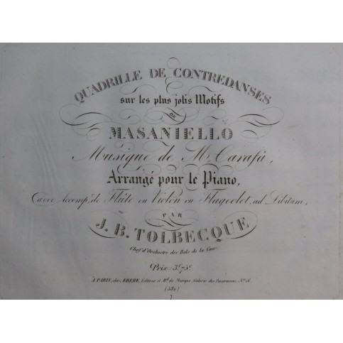 TOLBECQUE J. B. Quadrille sur Masaniello Danse Piano ca1850