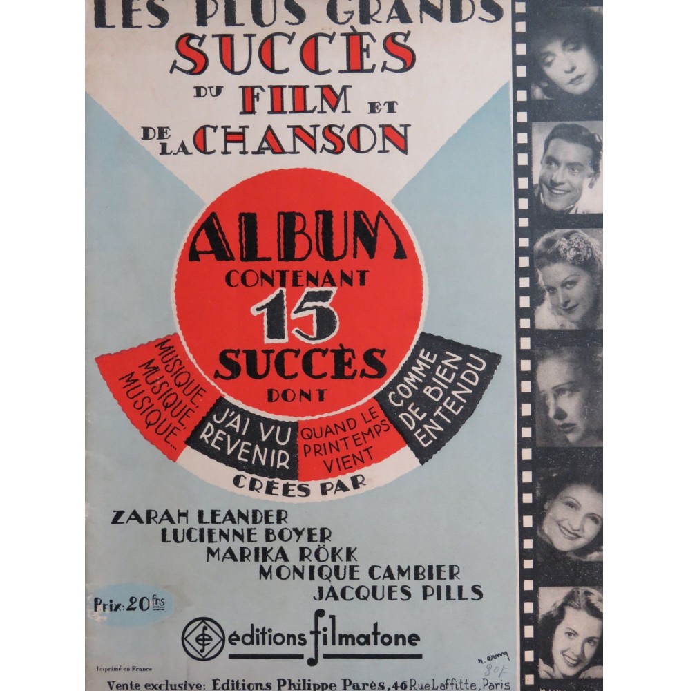 Les Plus Grands Succès du Film et de la Chanson 15 Pièces Chant Piano ca1940