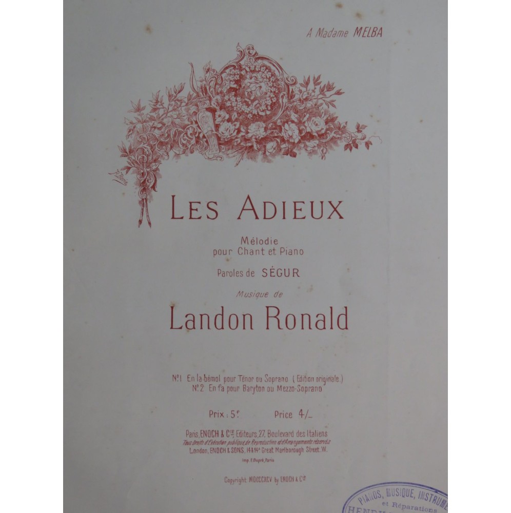 LANDON Ronald Les Adieux Chant Piano 1895