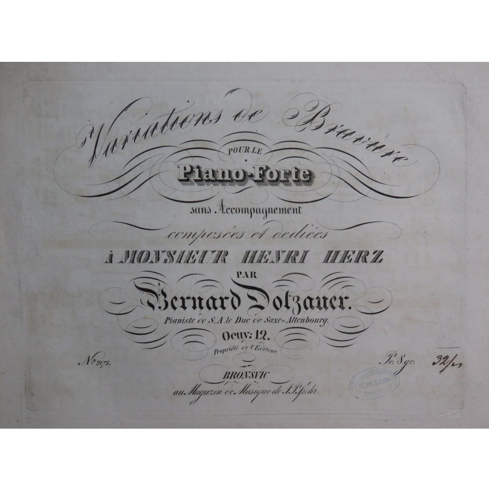 DOTZAUER Bernard Variations de Bravure op 12 Piano ca1840