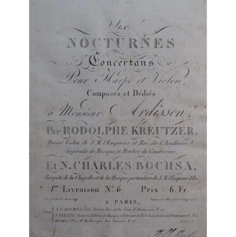 BOCHSA N. Ch. KREUTZER R. Nocturne No 6 Harpe Violon ca1820