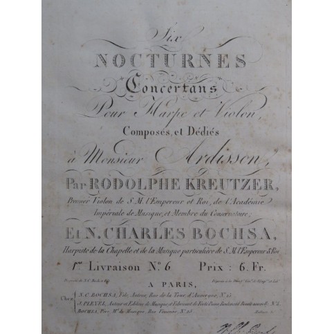 BOCHSA N. Ch. KREUTZER R. Nocturne No 6 Harpe Violon ca1820