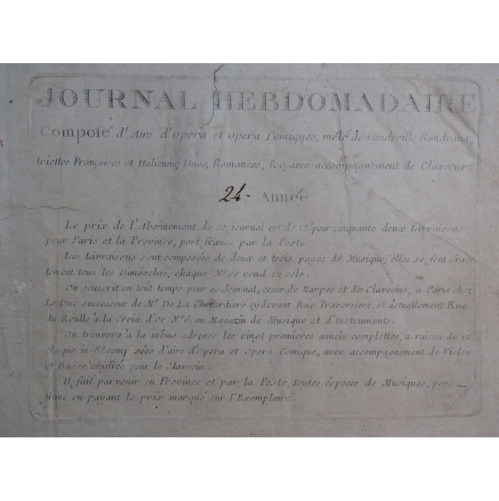 Journal Hebdomadaire Airs d'Opéra Comique Chant Clavecin ca1788