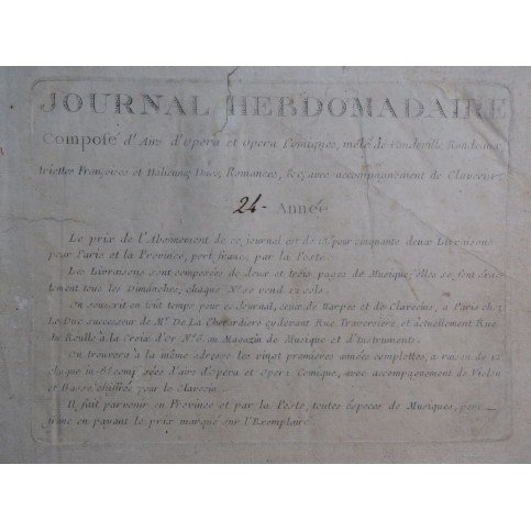 Journal Hebdomadaire Airs d'Opéra Comique Chant Clavecin ca1788