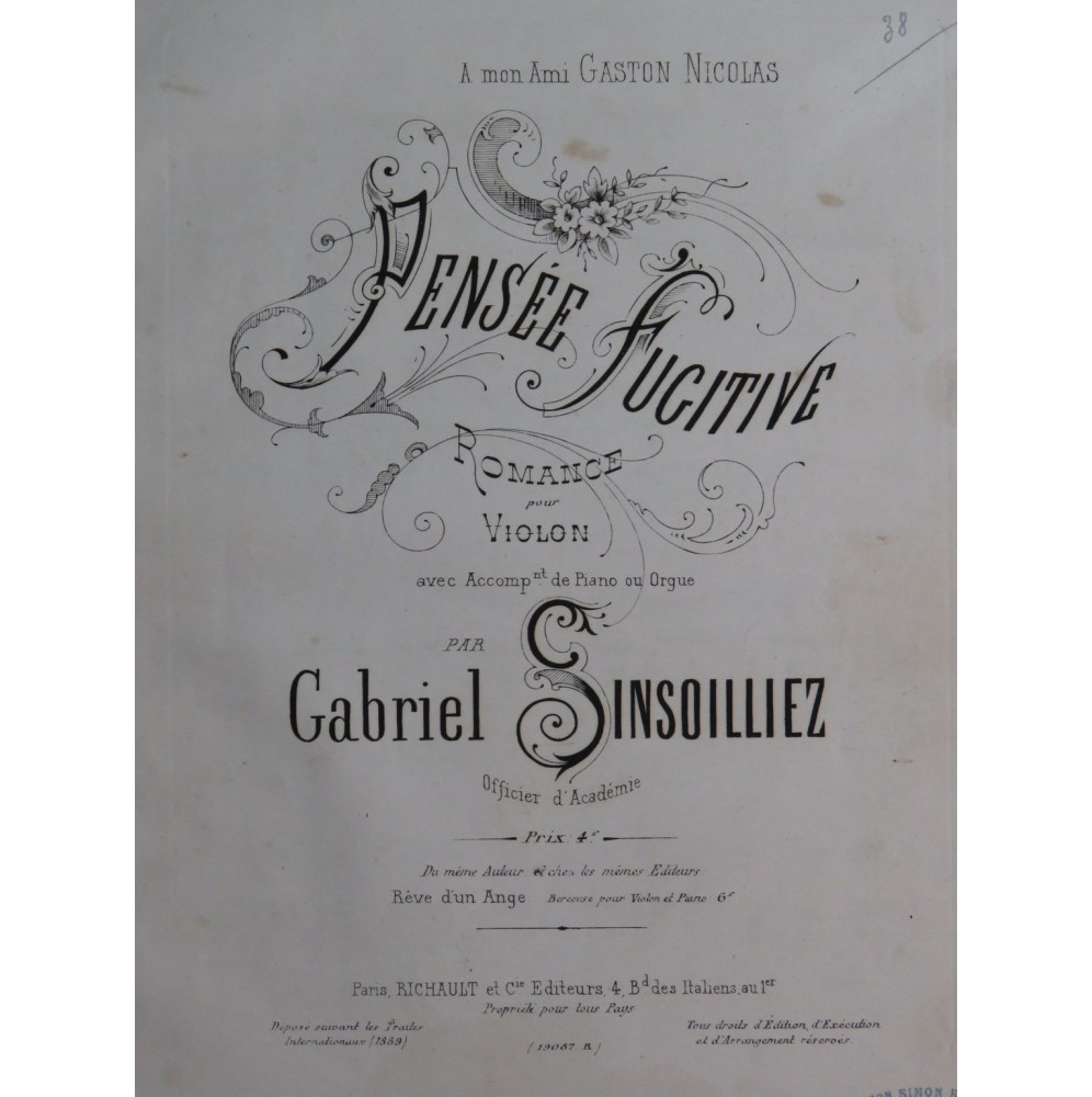 SINSOILLIEZ Gabriel Pensée Fugitive Piano Violon ca1895