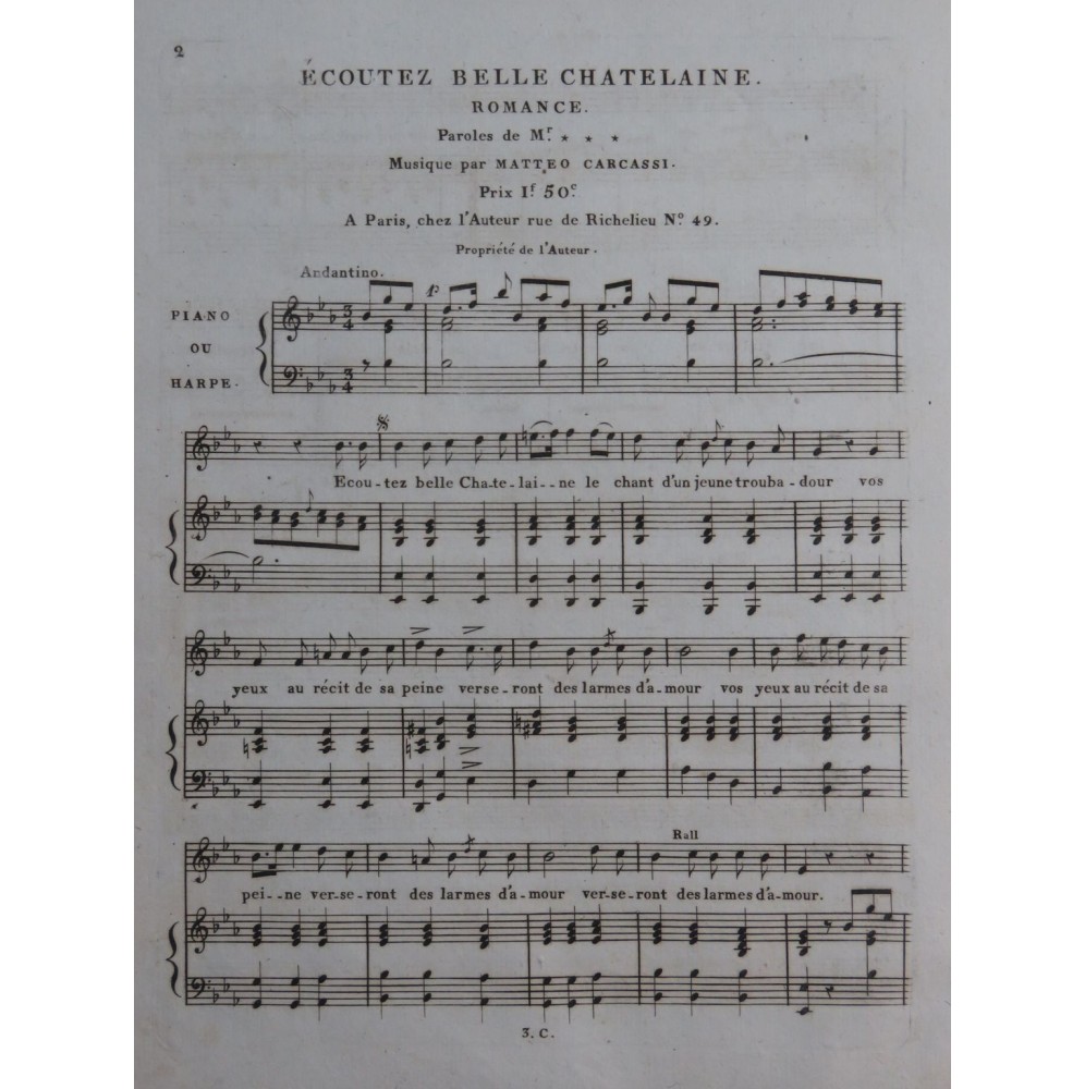 CARCASSI Matteo Ecoutez Belle Chatelaine Chant Piano ou Harpe ca1820