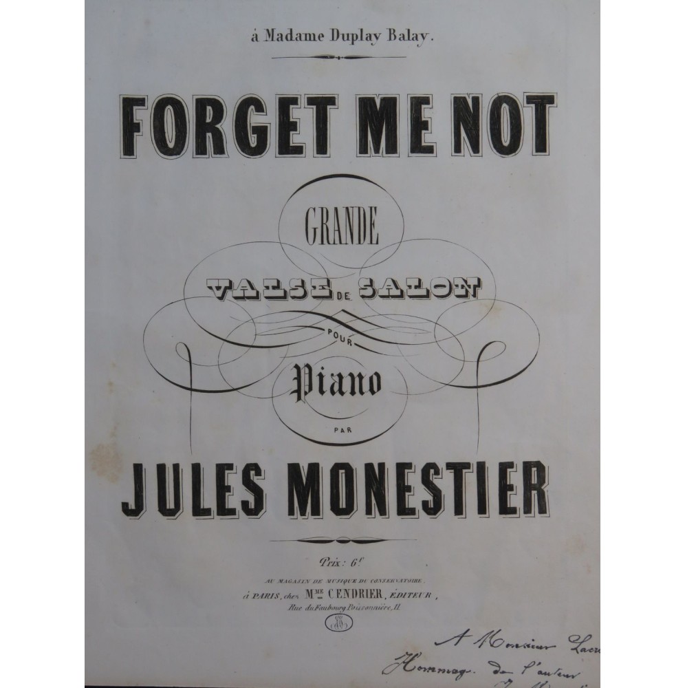 MONESTIER Jules Forget me not Dédicace Piano XIXe