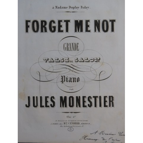 MONESTIER Jules Forget me not Dédicace Piano XIXe