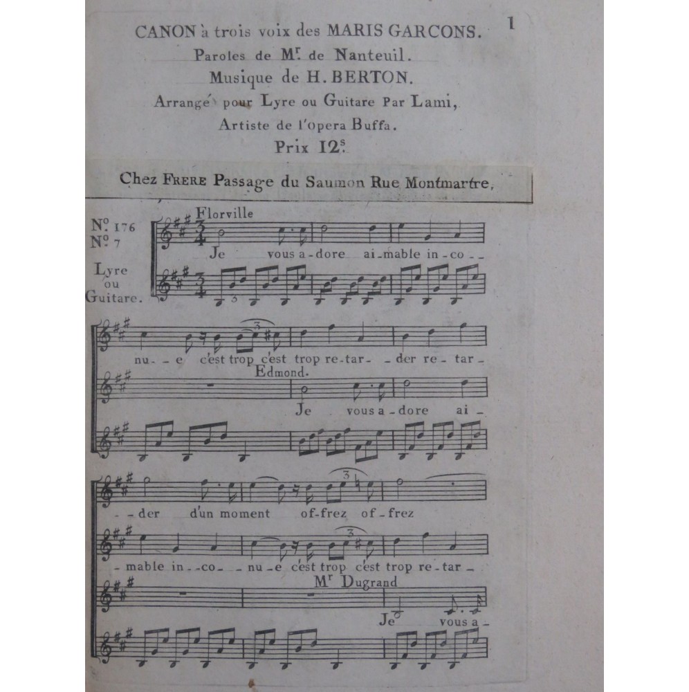 BERTON Henri Les Maris Garçons No 7 Chant Guitare ca1810