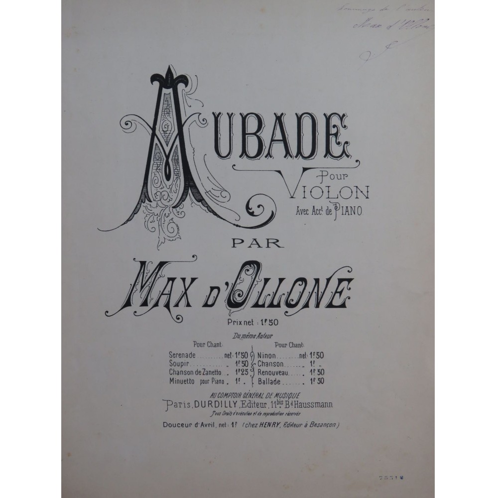 D'OLLONE Max Aubade Dédicace Piano Violon 1891