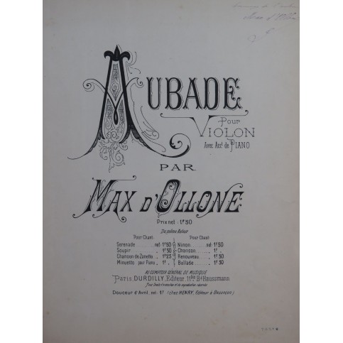 D'OLLONE Max Aubade Dédicace Piano Violon 1891