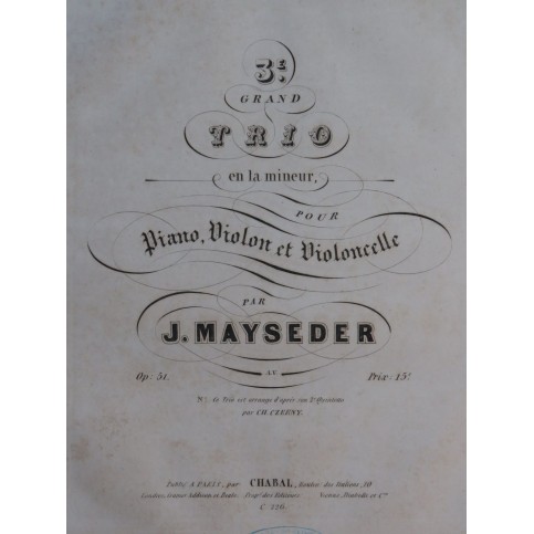 MAYSEDER Joseph Grand Trio No 3 op 51 Piano Violoncelle ca1845