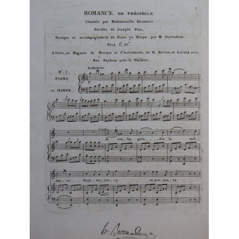 DARONDEAU Henri Romance de Théophile Chant Piano ou Harpe ca1820