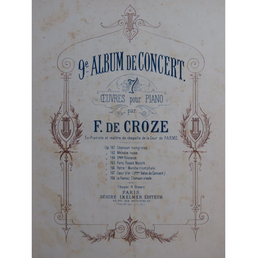 DE CROZE F. Polonaise No 3 op 164 Piano ca1890