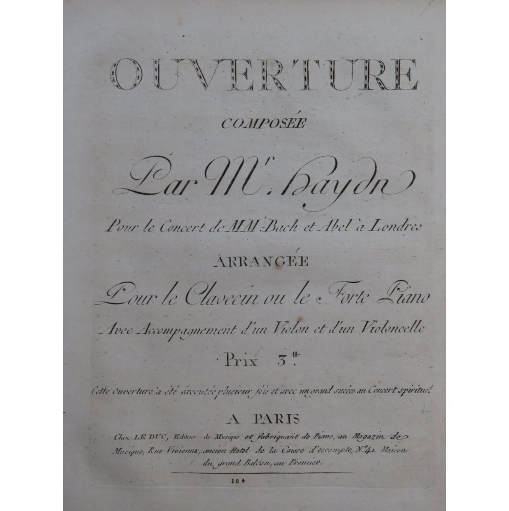 HAYDN Jospeh Ouverture Concert de Bach et Abel Clavecin Violon ca1800