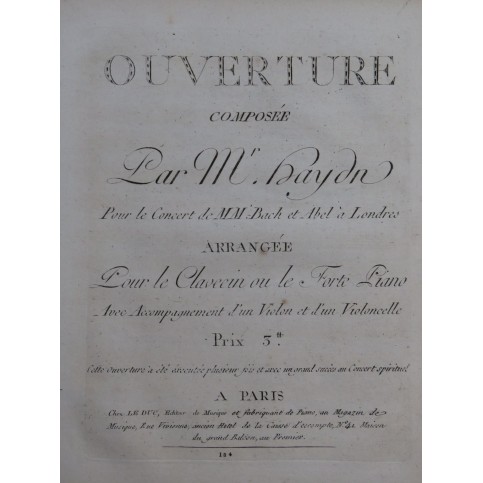 HAYDN Joseph Ouverture Concert de Bach et Abel Clavecin Violon ca1800