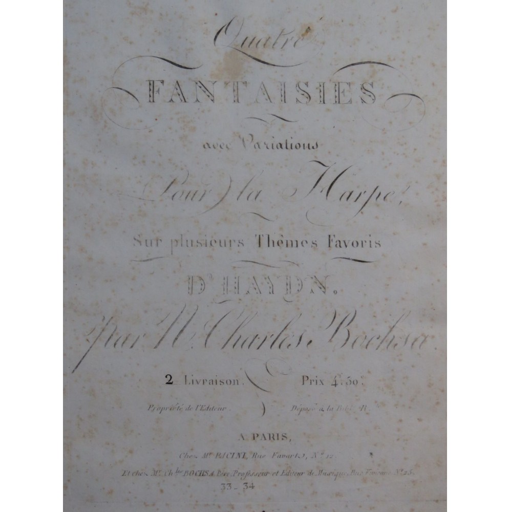 BOCHSA N. Ch. Fantaisie et Variations No 2 Haydn Harpe ca1810