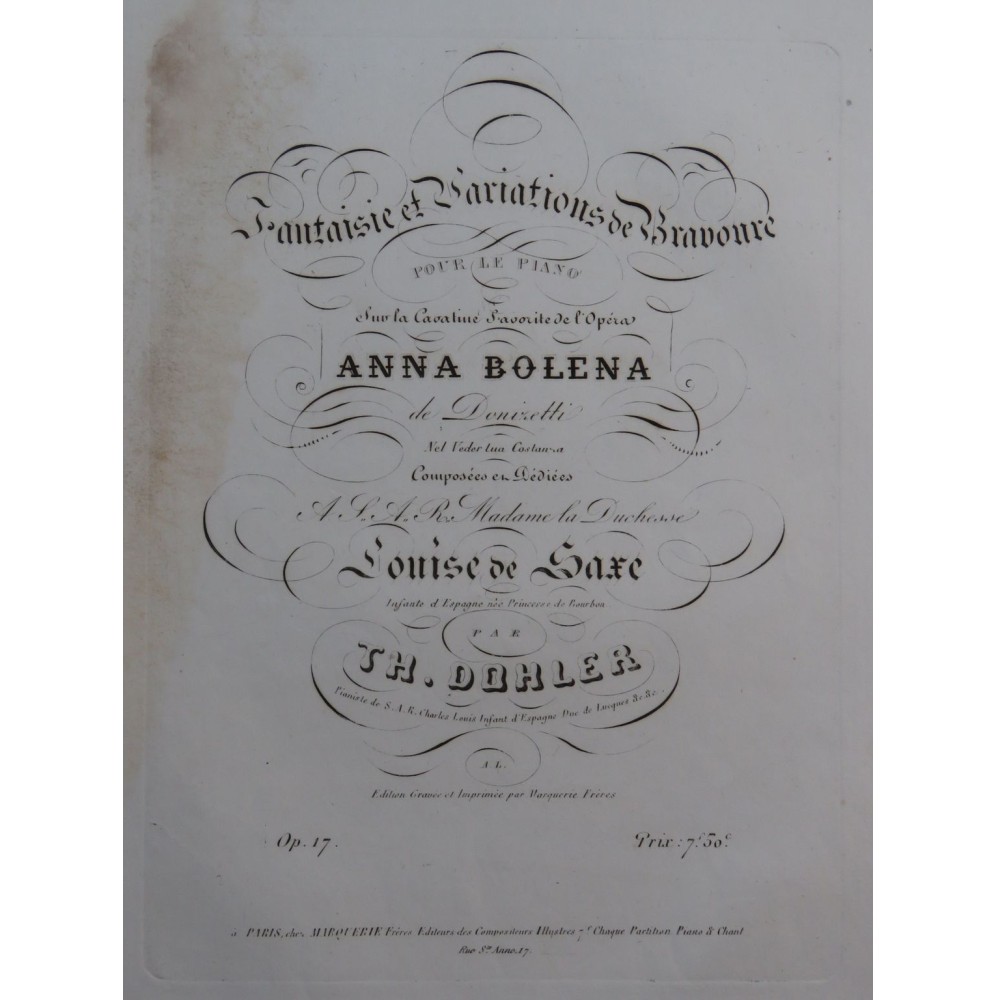 DÖHLER Théodore Fantaisie et Variations Anna Bolena op 17 Piano ca1840