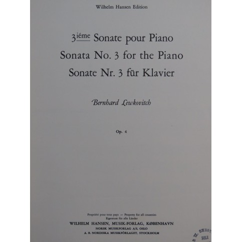 LEWKOVITCH Bernard Sonate No 3 op 4 Piano