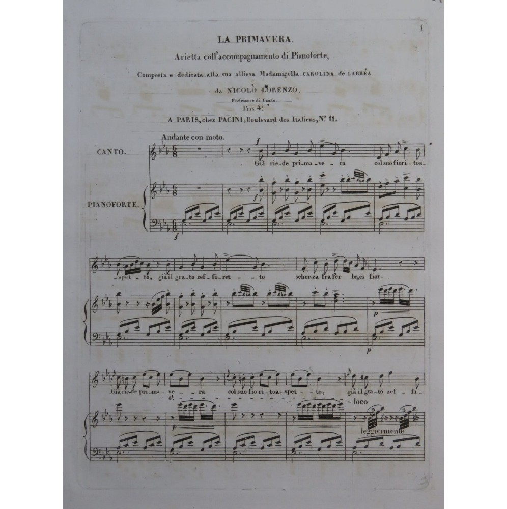 LORENZO Nicolo La Primavera Chant Piano ca1840