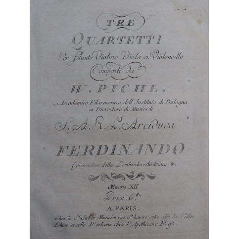 PICHL Vaclav Tre Quartetti op 12 Flûte Violon Alto ca1788