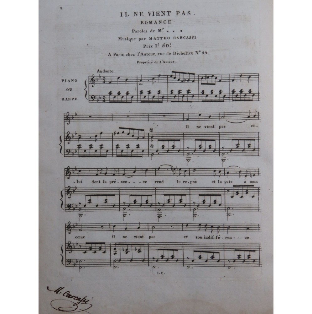 CARCASSI Matteo Il ne vient pas Dédicace Chant Piano ou Harpe ca1820