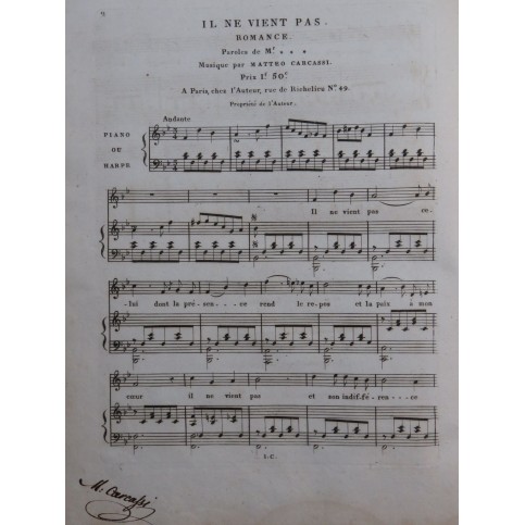 CARCASSI Matteo Il ne vient pas Dédicace Chant Piano ou Harpe ca1820