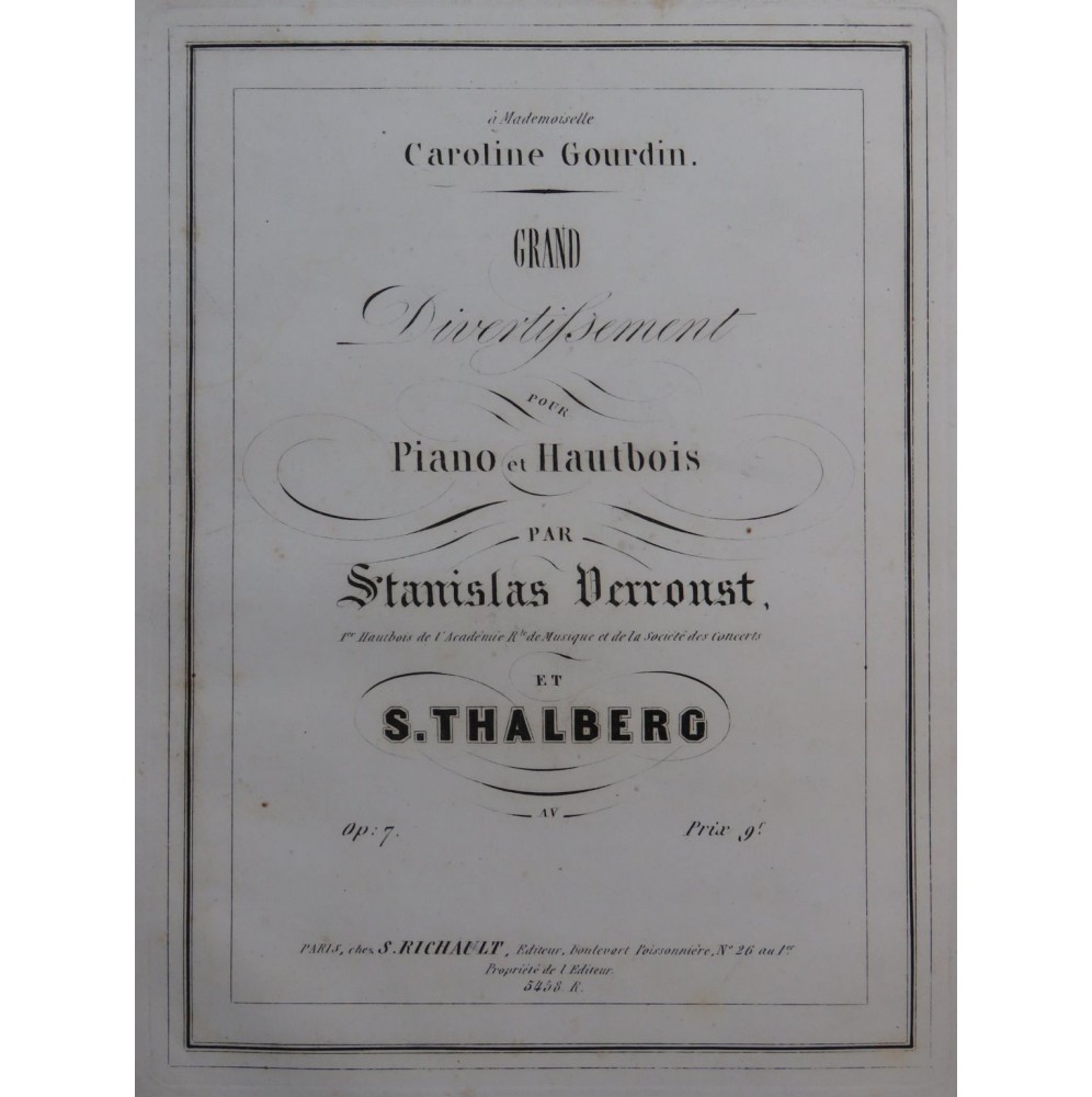 THALBERG S. VERROUST S. Grand Divertissement op 7 Piano Hautbois ca1845