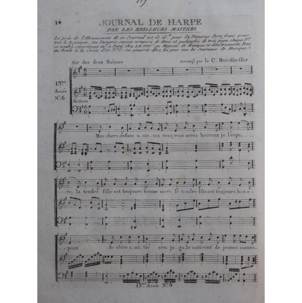 BURCKHOFFER J. G. Air des Deux Suisses Chant Harpe ca1795