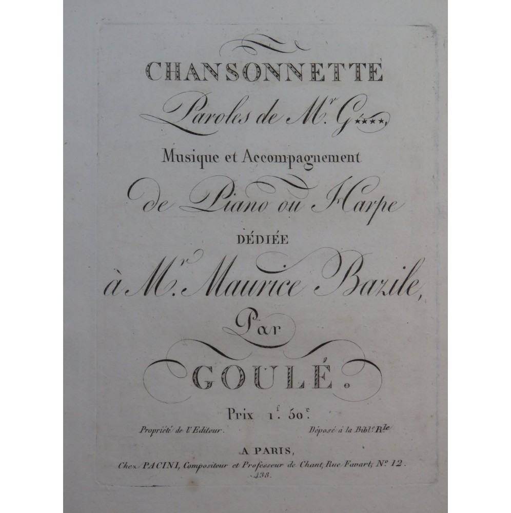 GOULÉ Jacques Nicolas Chansonnette Chant Piano ou Harpe ca1810