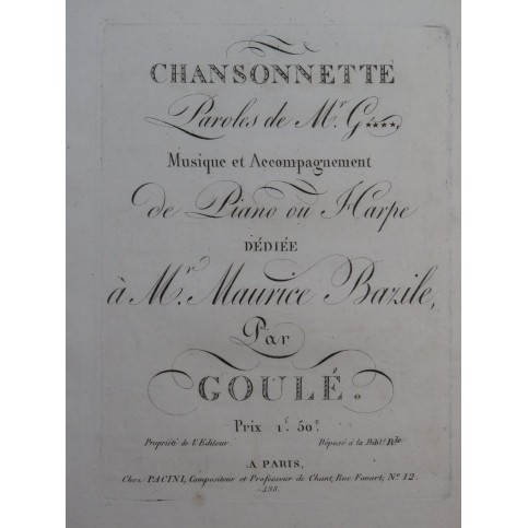 GOULÉ Jacques Nicolas Chansonnette Chant Piano ou Harpe ca1810