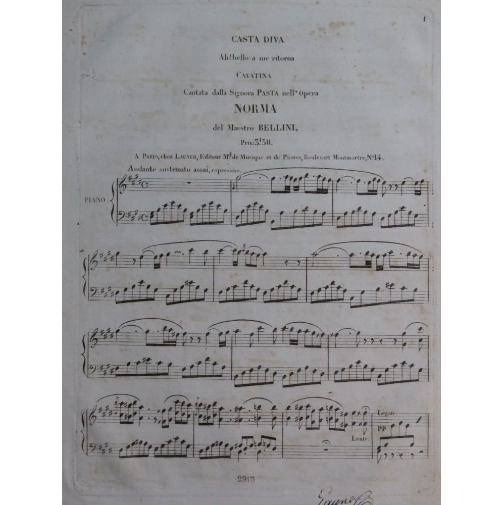 BELLINI Vincenzo Norma Casta Diva Chant Piano ca1830