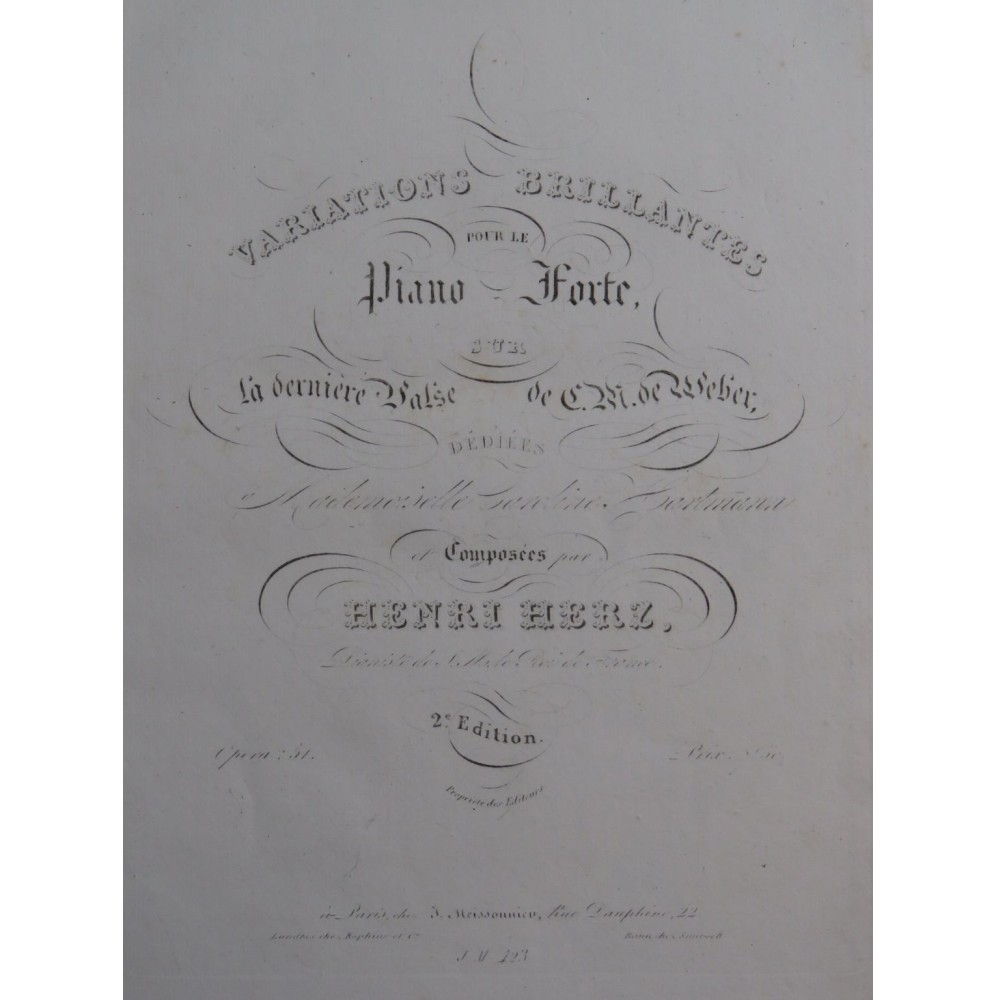 HERZ Henri Variations sur La Dernière Valse de Weber op 51 Piano 1830