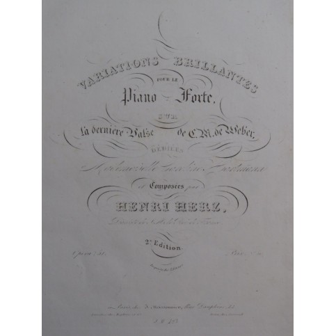 HERZ Henri Variations sur La Dernière Valse de Weber op 51 Piano 1830