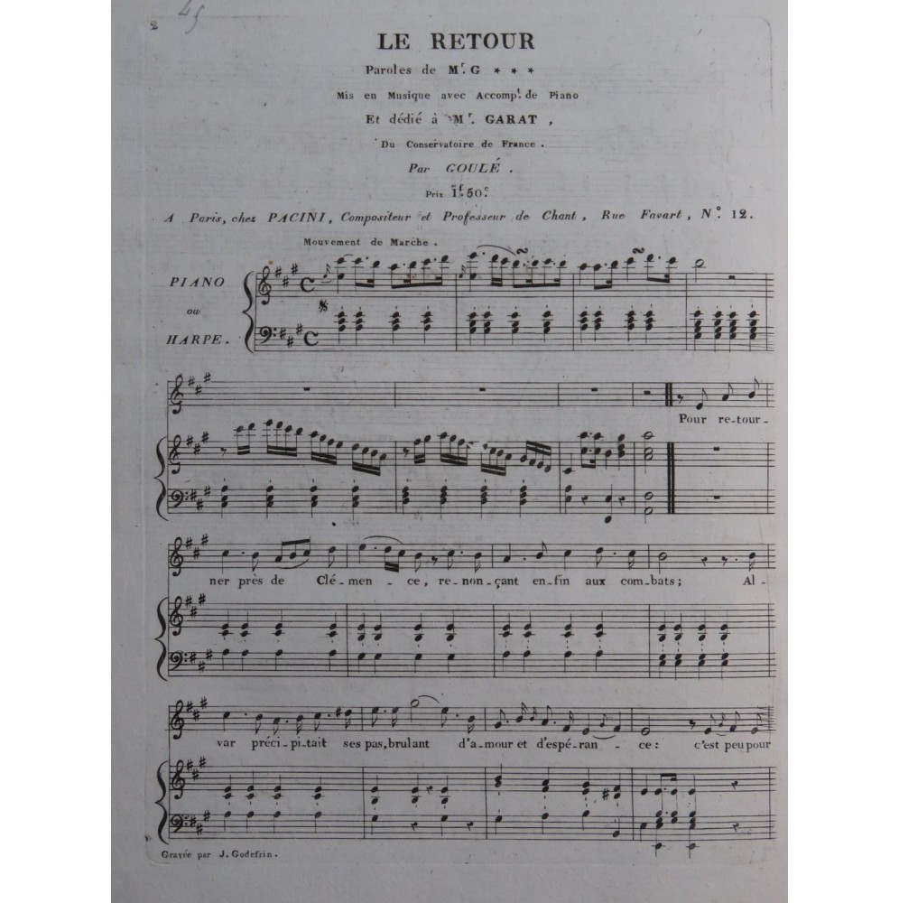 GOULÉ Jacques Nicolas Le Retour Chant Piano ca1810