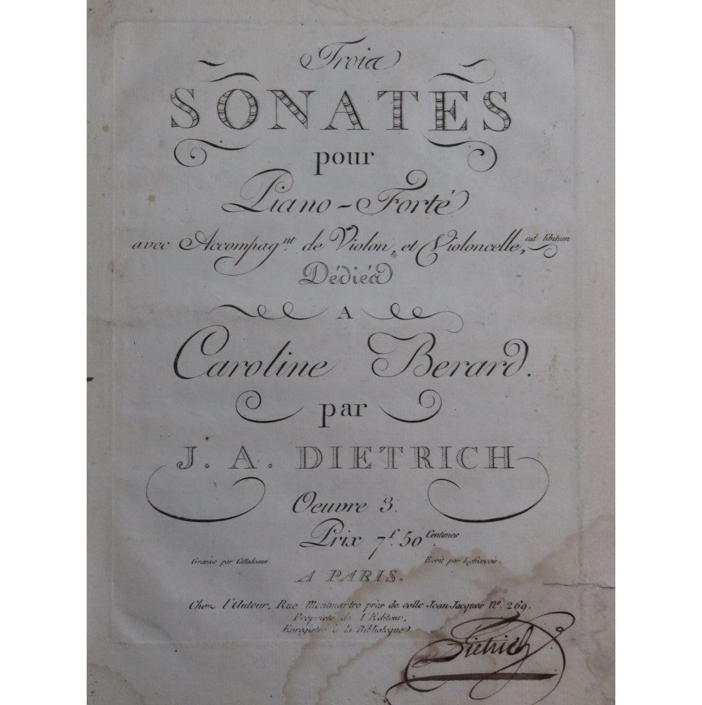 DIETRICH J. A. Trois Sonates op 3 Piano Violoncelle ca1800