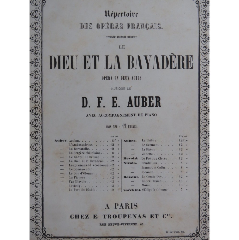 AUBER D. F. E. Dieu et la Bayadère Opéra Chant Piano ca1830