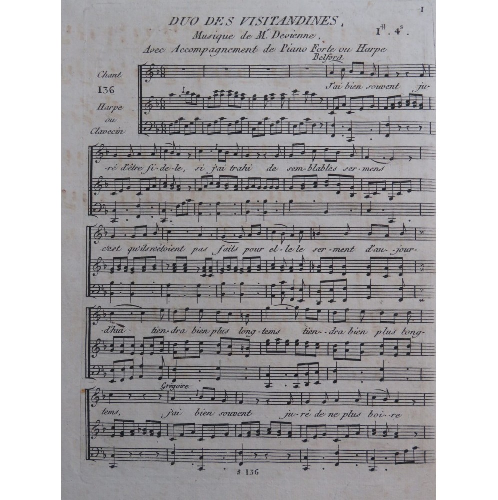 DEVIENNE François Duo des Visitandines Chant Piano ou Harpe ca1795