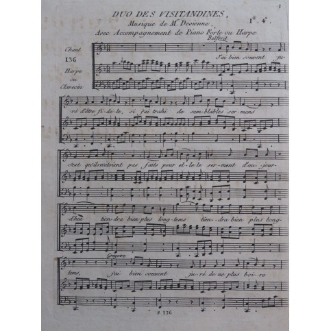 DEVIENNE François Duo des Visitandines Chant Piano ou Harpe ca1795